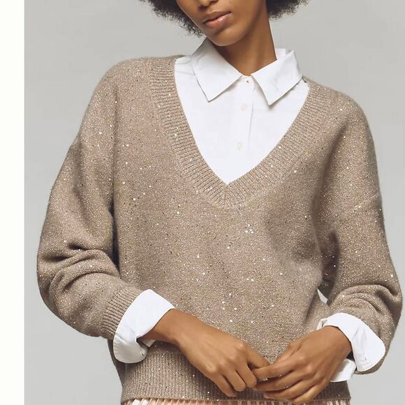 Women's FRNCH x Anthropologie V Neck Shine Pullover Sweater Shimmer Shine Greige - Picture 10 of 10